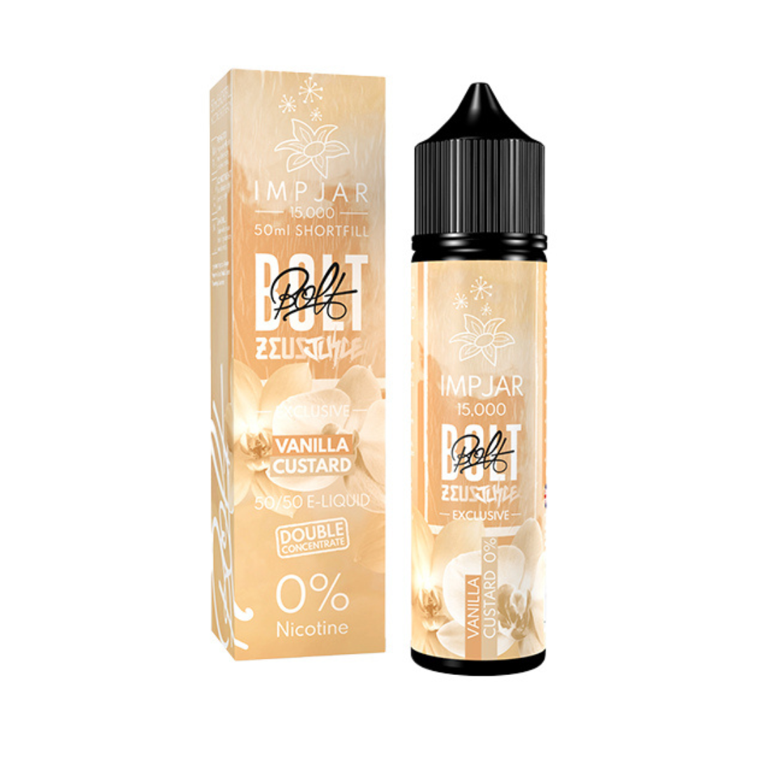 Zeus Juice Vanilla Custard e-liquid bottle and box, 50ml, 0% nicotine.