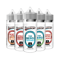 Five Innevape e-liquid bottles: Peach Mango, Strawberry Harvest, The Berg, Menthol, Shortcake.