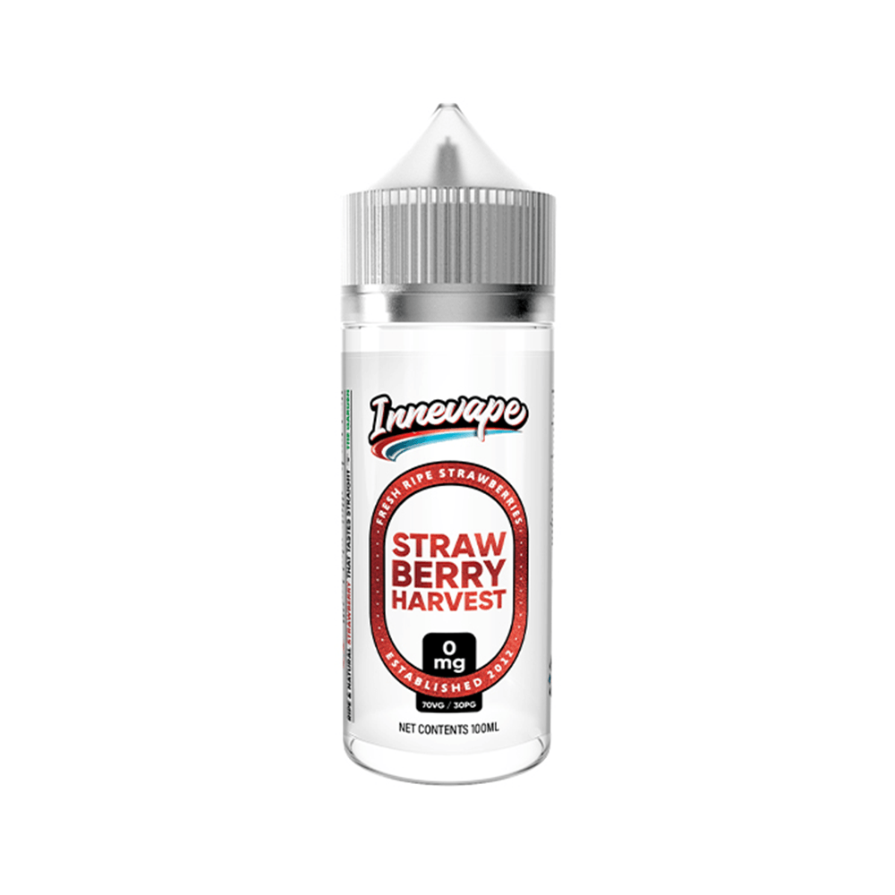 Innevape Strawberry Harvest 100ml e-liquid bottle with a silver cap and red label.