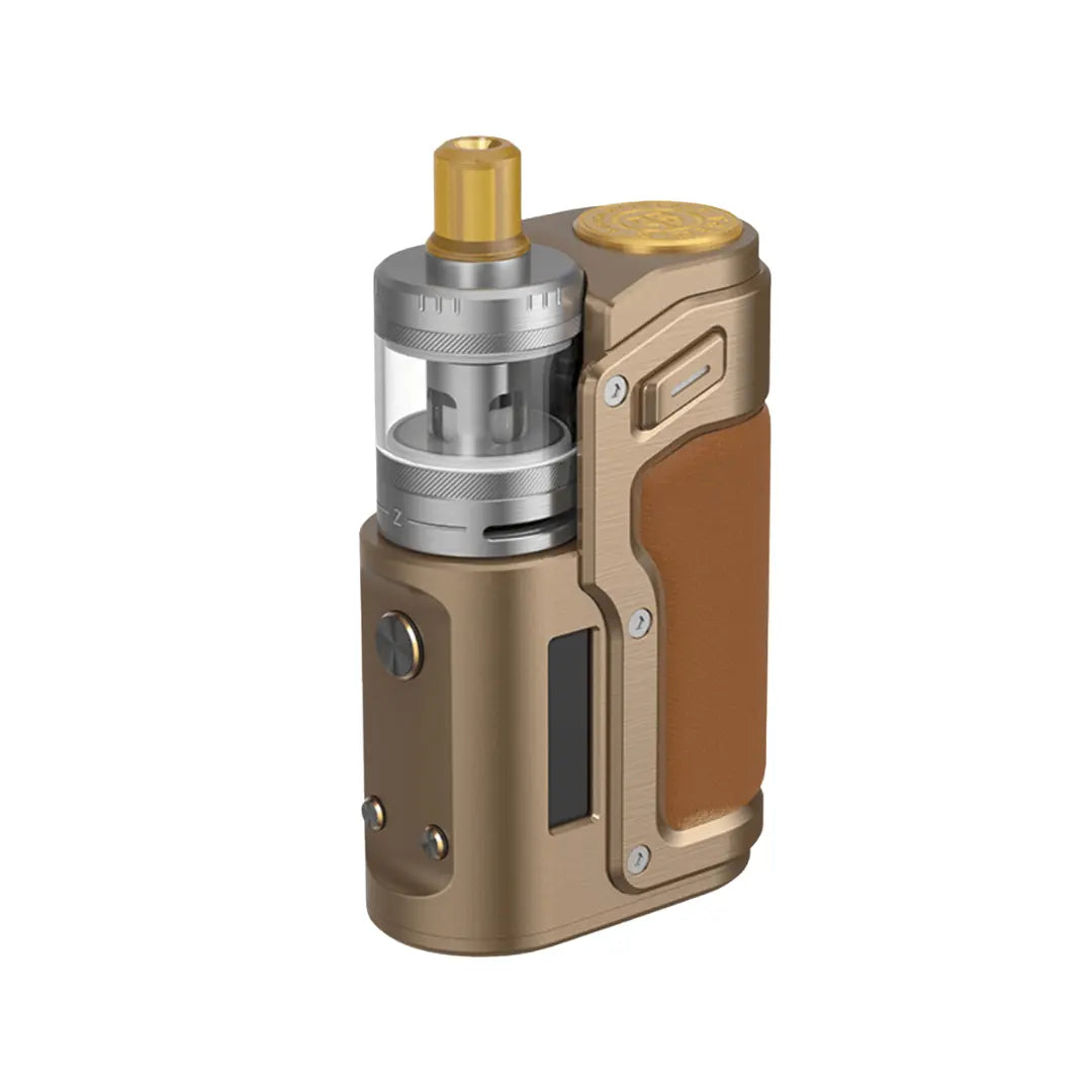 Innokin Sidera DNA60C SBS Vape Kit in an bronze finish. Features a side-by-side design with a transparent tank, drip tip, and a tan leather-style grip for a sophisticated vaping experience.