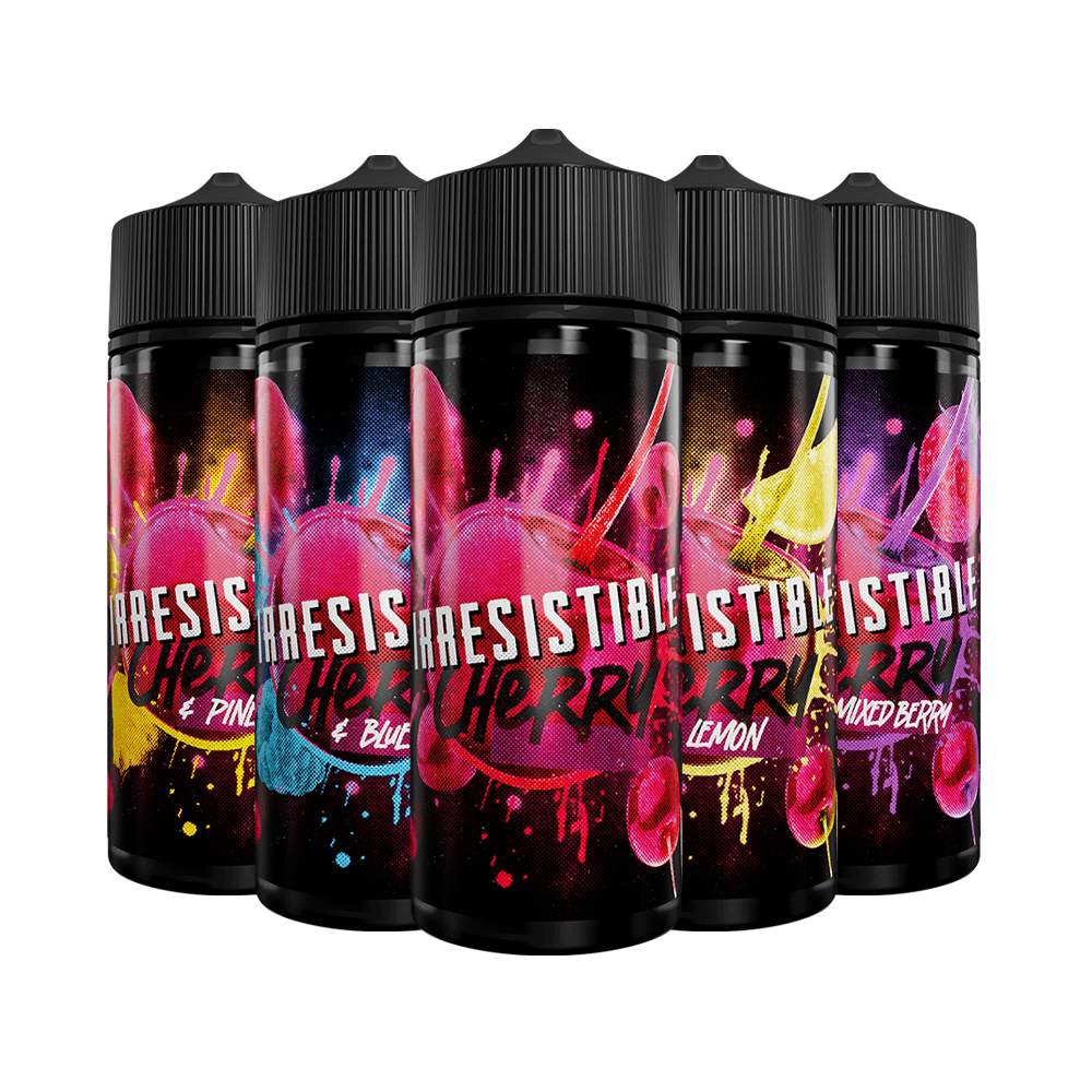 Five bottles of Irresistible Cherry vape juice in colourful, fruity designs.