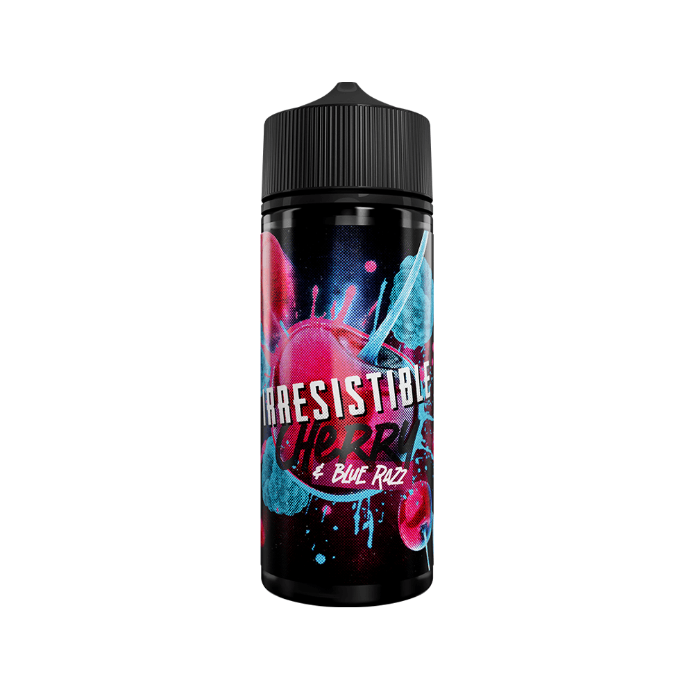 A 100ml bottle of Irresistible Cherry & Blue Razz vape juice with vibrant design.