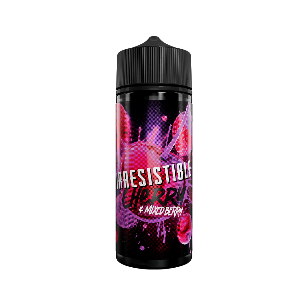 Vape juice bottle labelled "Irresistible Cherry & Mixed Berry" with vibrant fruit imagery.