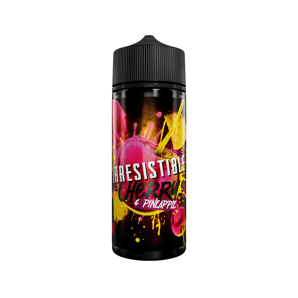 Vape juice bottle with cherry and pineapple design on a black background.