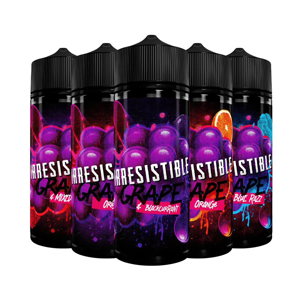 Five bottles of Irresistible Grape e-liquid with colourful, fruity designs.