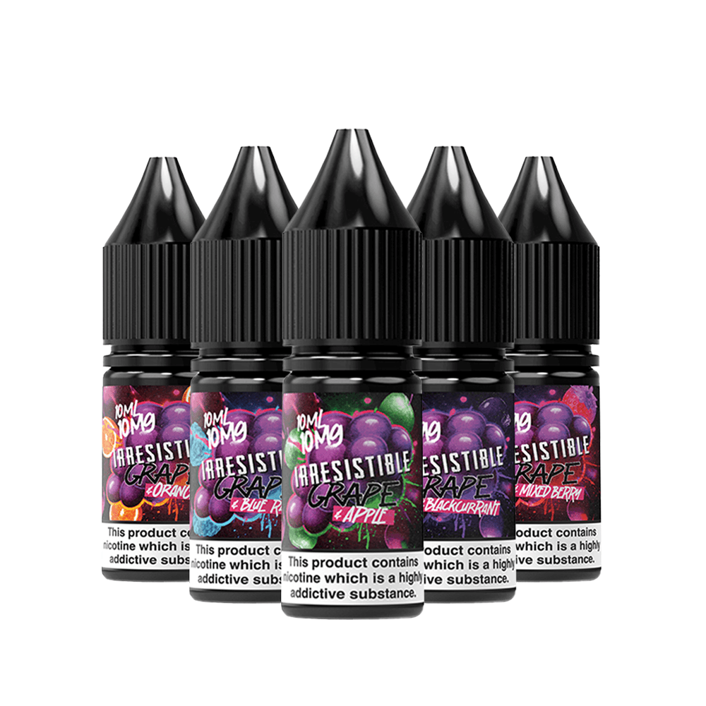 Five Tom Fog Irresistible Grape e-liquid bottles with colourful grape-themed labels.