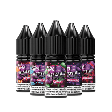 Five Tom Fog Irresistible Grape e-liquid bottles with colourful grape-themed labels.