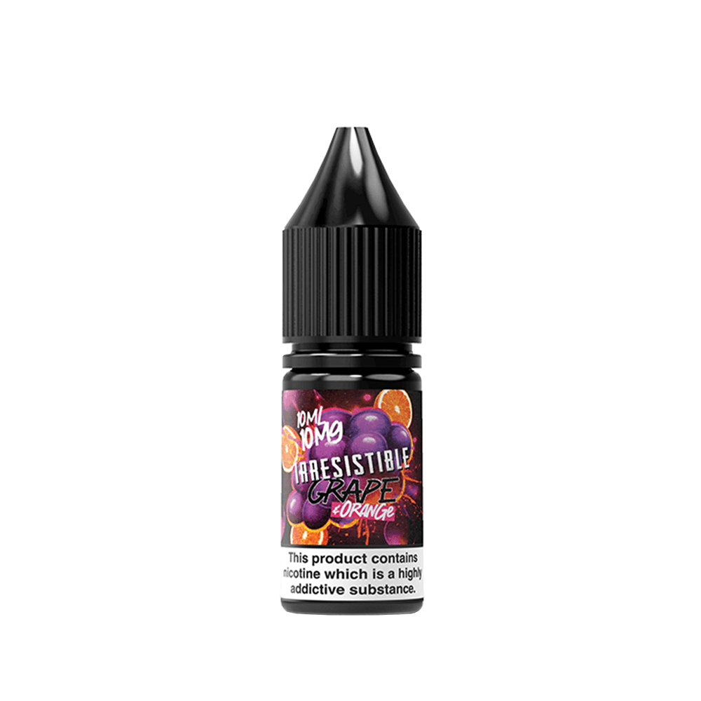 10ml bottle of Irresistible Grape e-liquid by Dom Dom, featuring grape and orange flavours.