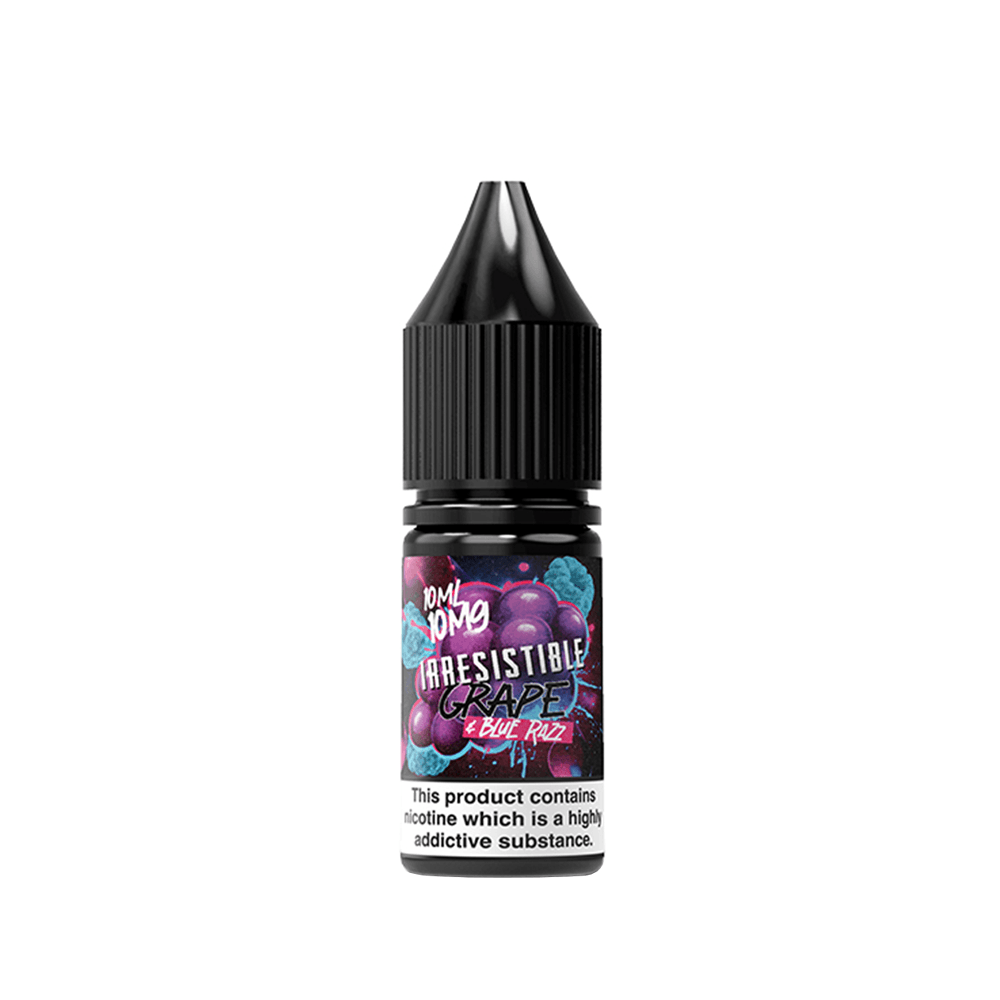 Tom Pom Irresistible Grape & Blue Razz e-liquid bottle, black cap, vibrant label design.