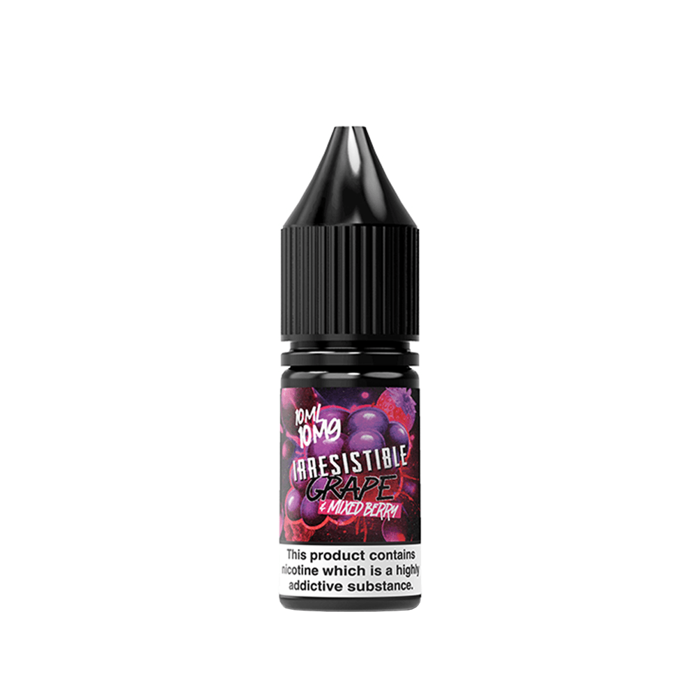 Bottle of Tom Hongo Irresistible Grape mixed berry e-liquid, 10ml size, with safety warning.