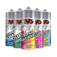 Five IVG vape juice bottles, various flavours, 100ml each, arranged in a row.