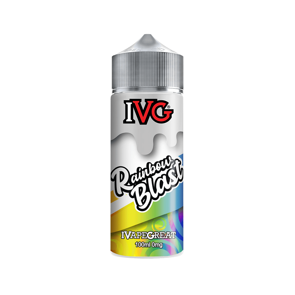 IVG Rainbow Blast vape juice bottle, 100ml, with colourful design and "IVAPE GREAT" label.