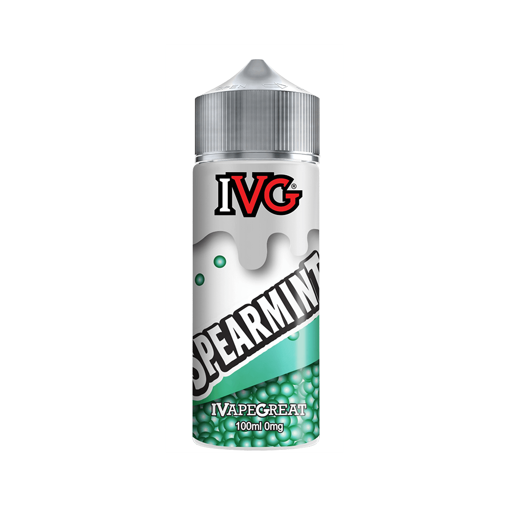 IVG Spearmint vape juice bottle, 100ml, 0mg nicotine, with mint graphics.