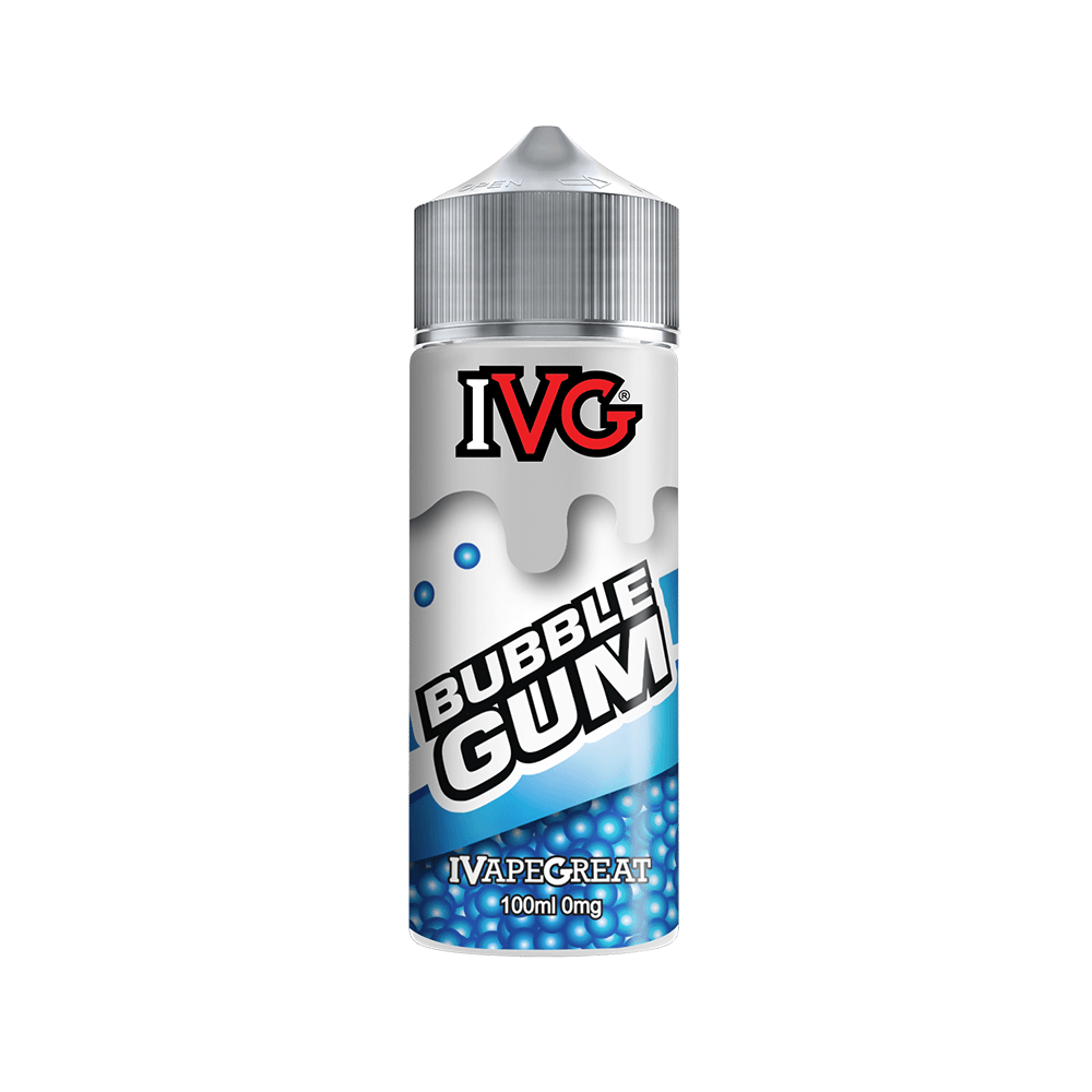 IVG Bubble Gum vape juice bottle, 100ml, 0mg nicotine, with silver cap.