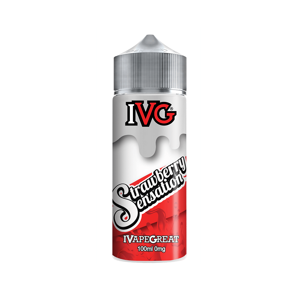 IVG Strawberry Sensation 100ml shortfill bottle with a red and white design.