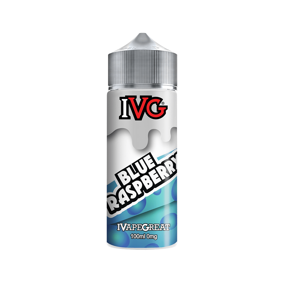 IVG Blue Raspberry 100ml shortfill e-liquid bottle with a silver cap.