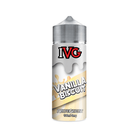 IVG Vanilla Biscuit 100ml shortfill bottle with a silver cap and creamy design.