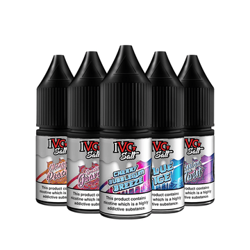 IVG Salt e-liquid bottles with various flavours displayed in a row.