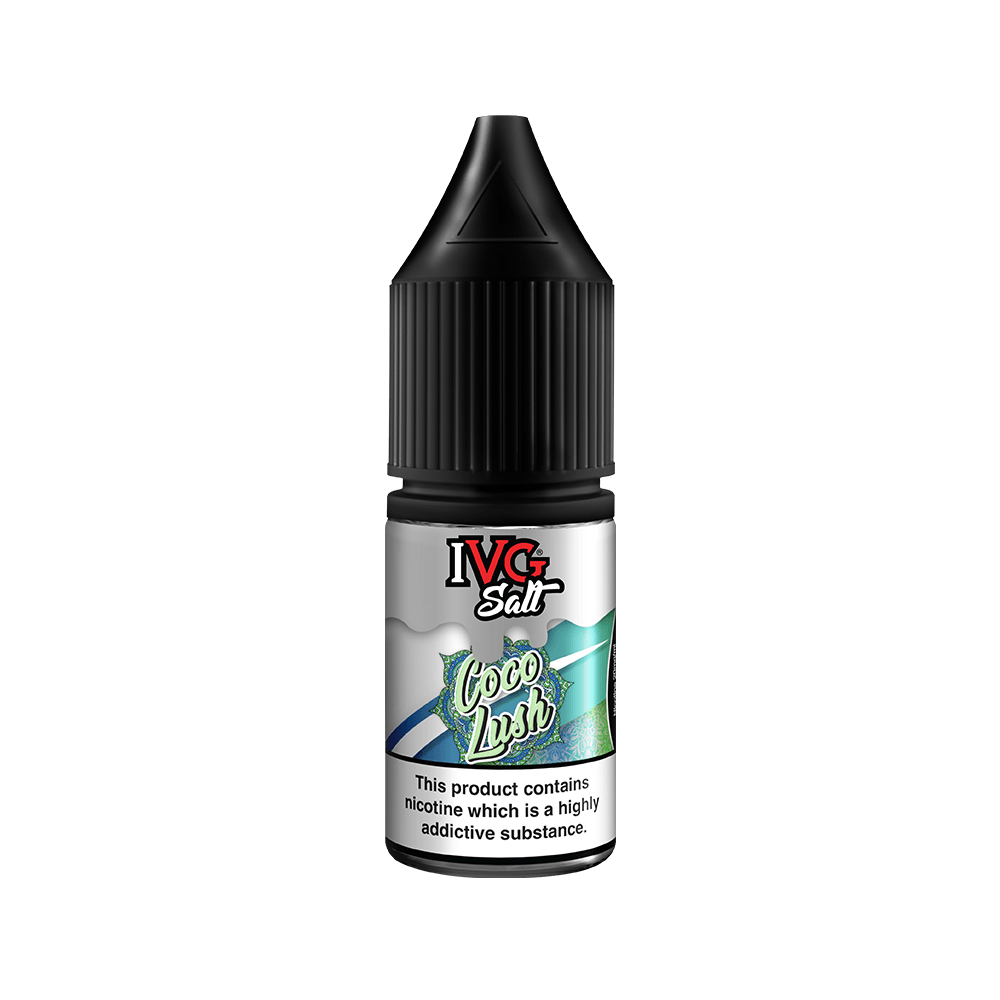 IVG Salt Coco Lush e-liquid bottle with a black cap and colourful label.