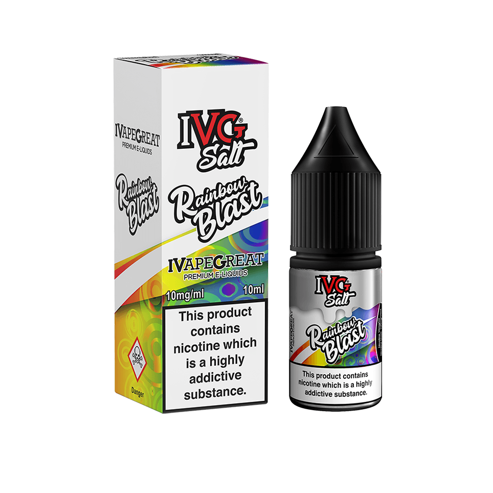 IVG Salt Rainbow Blast e-liquid bottle and box, 10mg nicotine strength.