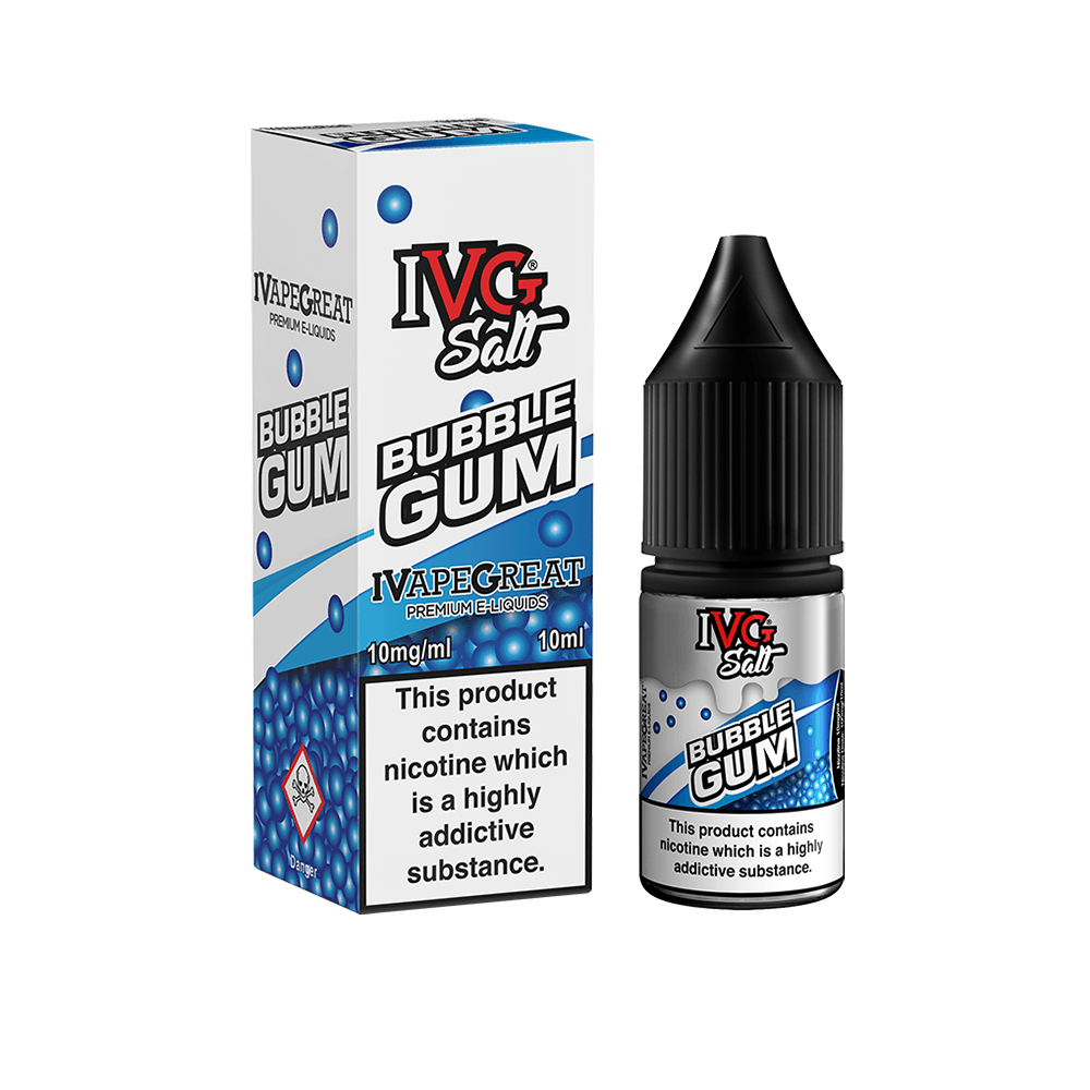 IVG Salt Bubble Gum e-liquid bottle and box, 10ml, 10mg nicotine.