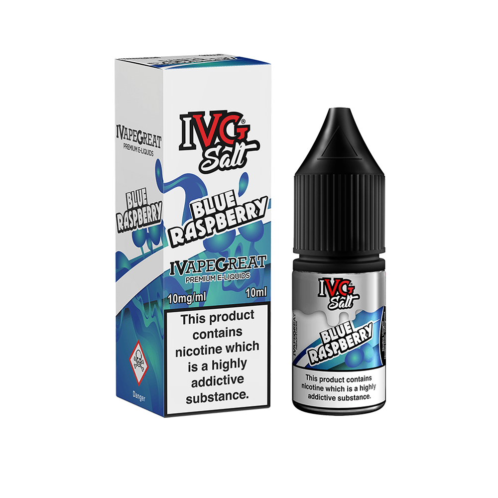 IVG Salt Blue Raspberry e-liquid bottle and box, 10ml, 10mg nicotine.