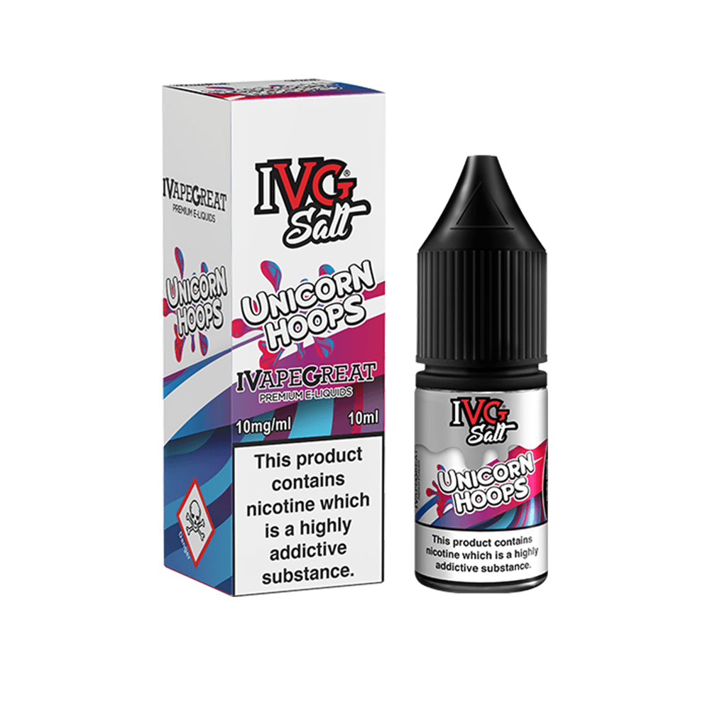 IVG Salt Unicorn Hoops vape liquid, 10ml bottle, colourful packaging.