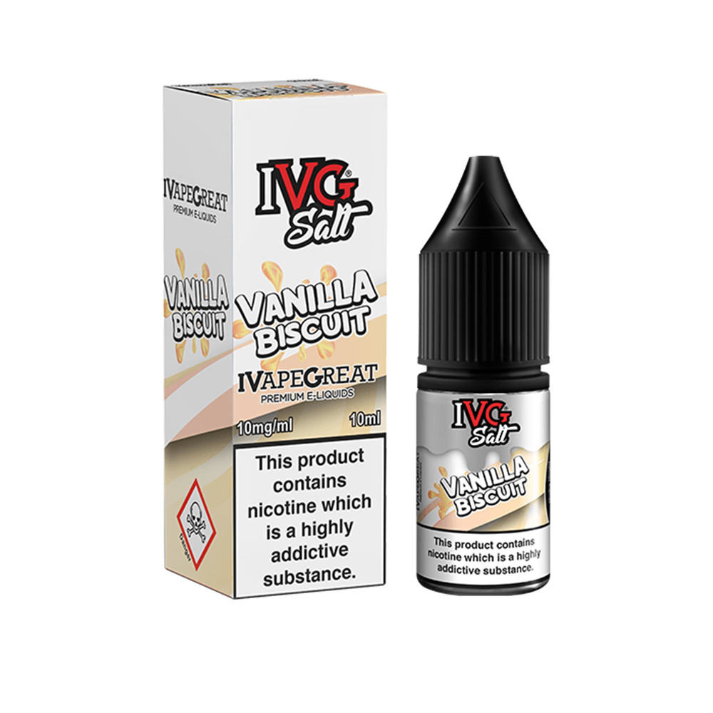 IVG Salt Vanilla Biscuit e-liquid bottle and packaging, 10ml, 10mg/ml nicotine.