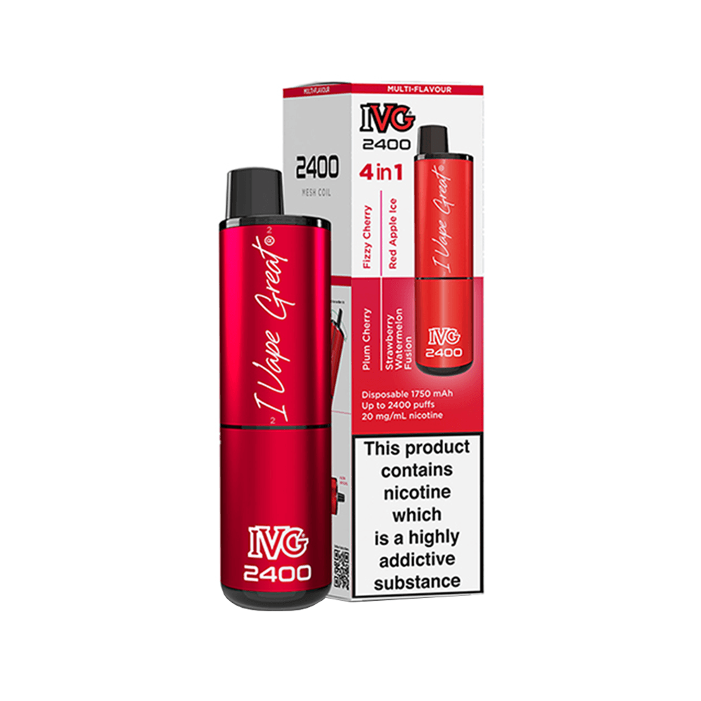 IVG 2400 4-in-1 disposable vape kit with red packaging, featuring multiple flavour options.