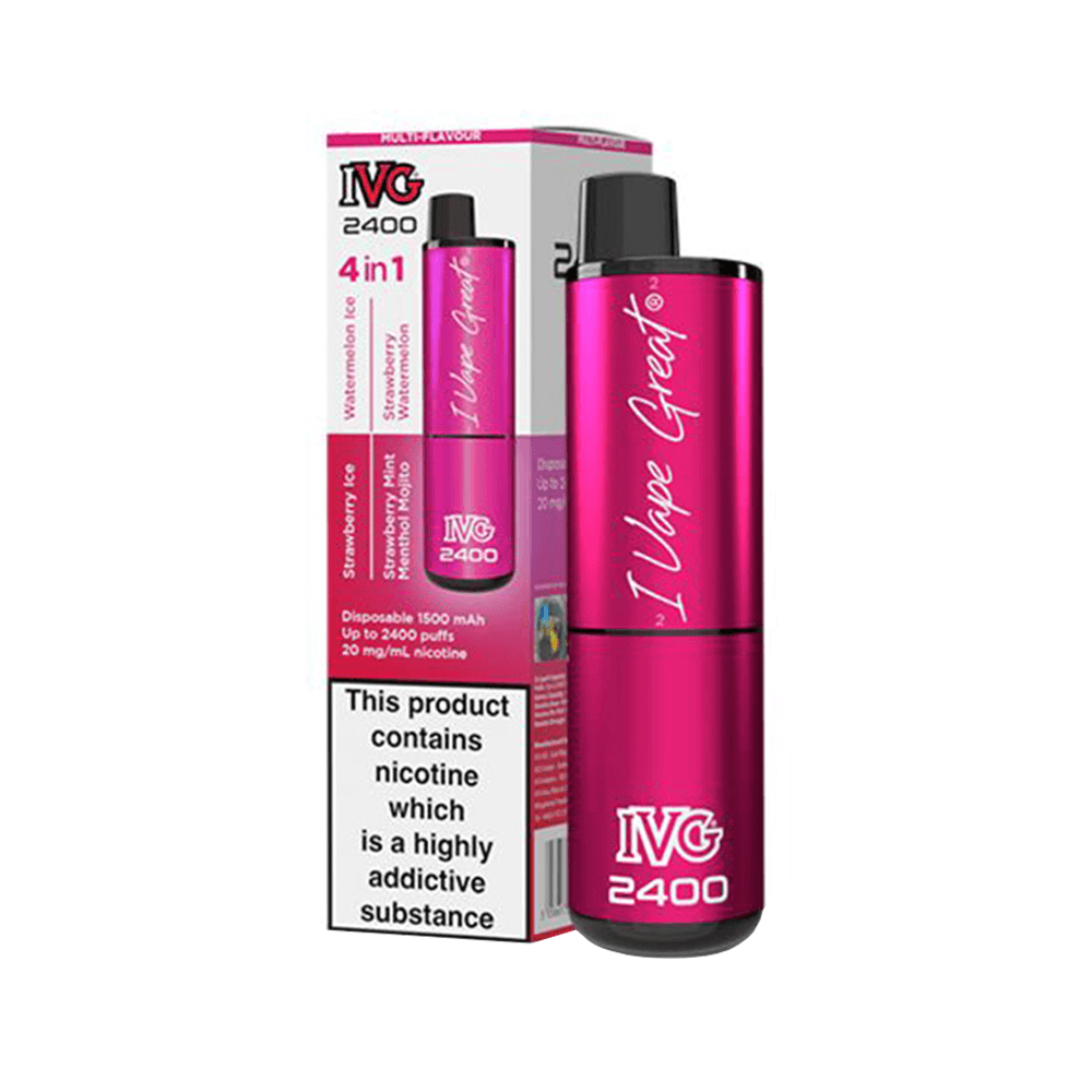 IVG 2400 disposable vape pod kit in pink packaging, featuring the "I Vape Great" slogan.