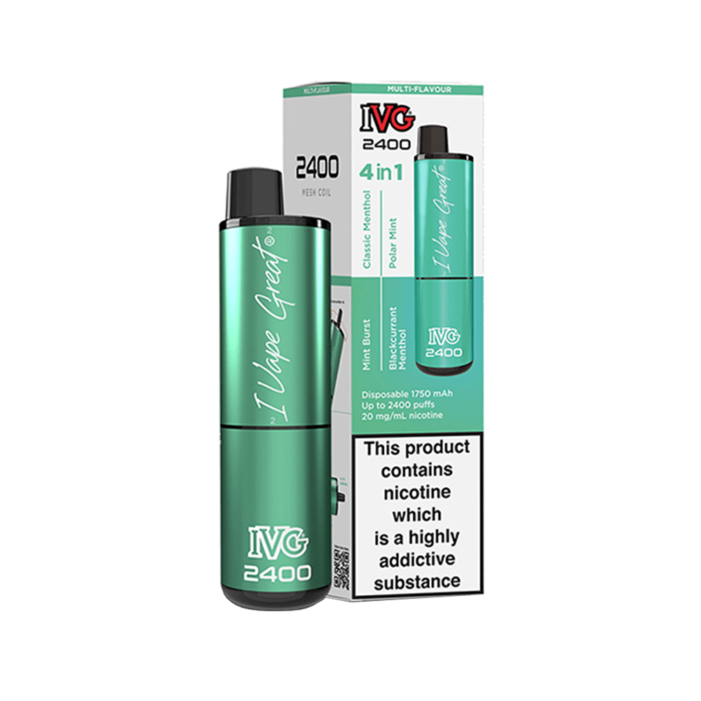 IVG 2400 disposable vape pod kit, mint green, with packaging showing "I Vape Great" branding.