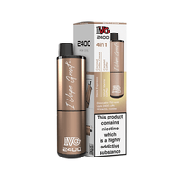 IVG 2400 disposable pod kit box and device in bronze, featuring multiple flavours.