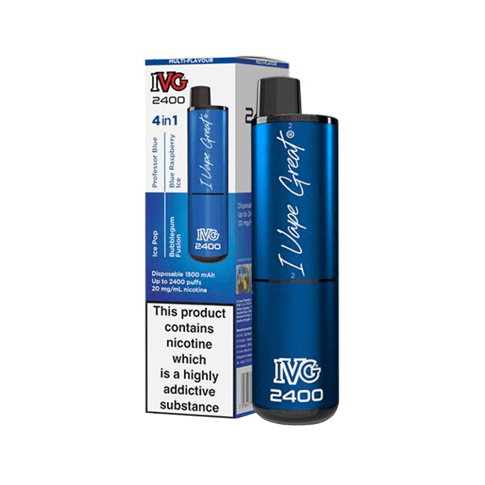 IVG 2400 disposable vape pod, blue packaging, "I Vape Great" branding.