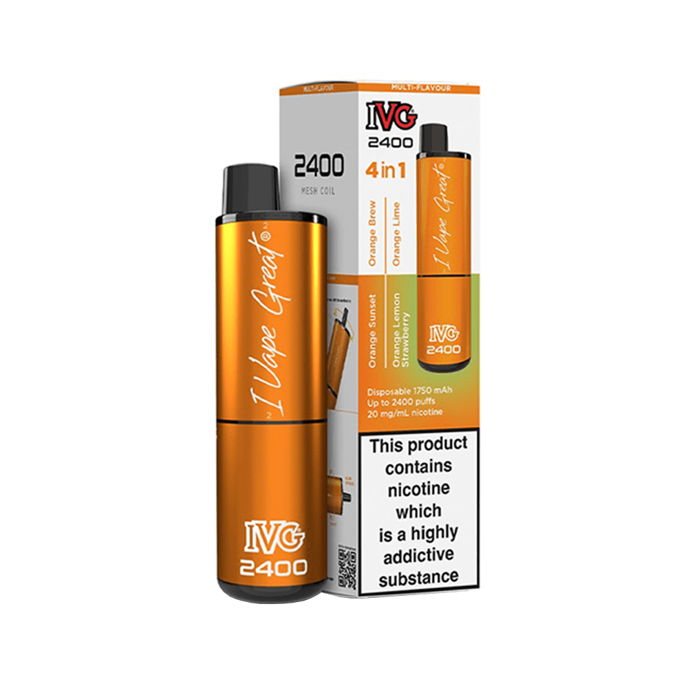 IVG 2400 Disposable Pod Kit 4 in 1, shown with packaging, in orange and black design.