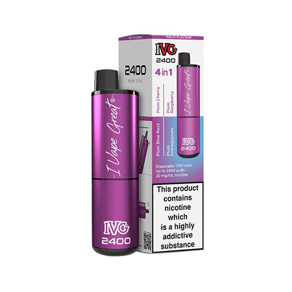 IVG 2400 Disposable Pod Kit 4-in-1 Edition, purple packaging, vape device, and nicotine warning.