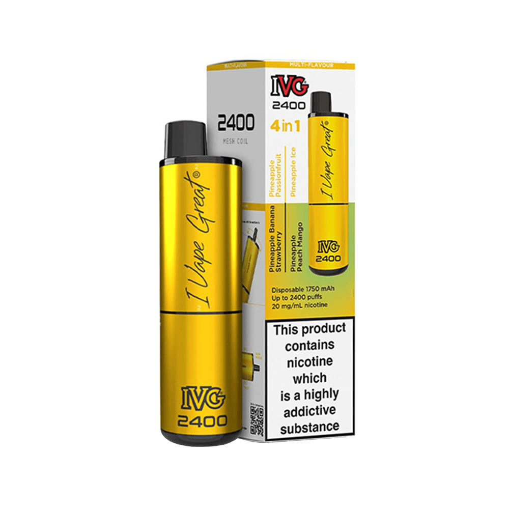 IVG 2400 disposable pod kit, yellow packaging with "I Vape Great" branding, 4-in-1 edition.