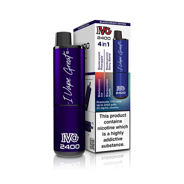 IVG 2400 disposable vape, Blackcurrant Edition, with packaging, featuring 4-in-1 flavour options.