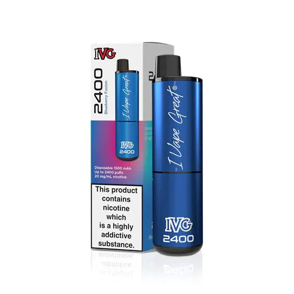 IVG 2400 disposable vape, Blueberry Fusion flavour, with packaging showing nicotine warning.