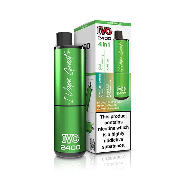 IVG 2400 4-in-1 Kiwi Edition disposable vape in green packaging with product warnings.