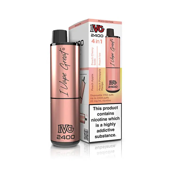 IVG 2400 4-in-1 Peach Edition disposable vape with packaging, featuring peach and apple flavours.