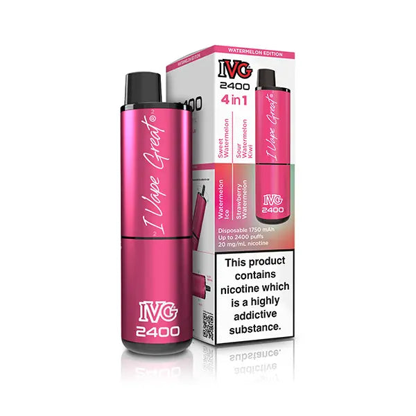 IVG 2400 4-in-1 Watermelon Edition disposable vape, pink packaging with product details.