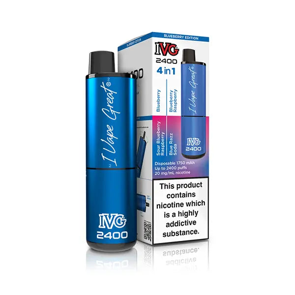 IVG 2400 disposable vape, Blueberry Edition packaging, with "I Vape Great" branding.