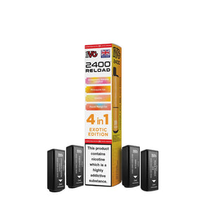 IVG 2400 Reload Exotic Edition 4-in-1 prefilled pods with IVG 2400 pods featuring Strawberry Banana Coconut, Pineapple Ice, Vanilla and Peach Mango Ice flavours