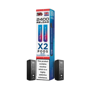 IVG 2400 Reload Blue Raspberry Ice twin pack with 2 IVG 2400 pods displayed alongside blue and white packaging featuring Blue Raspberry Ice flavour