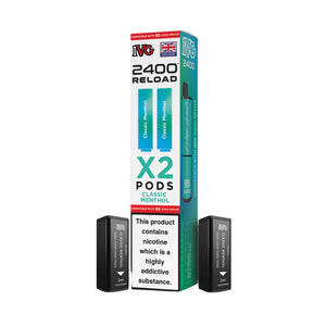 IVG 2400 Reload Classic Menthol twin pack with 2 IVG 2400 pods displayed alongside teal and white packaging featuring Classic Menthol flavour