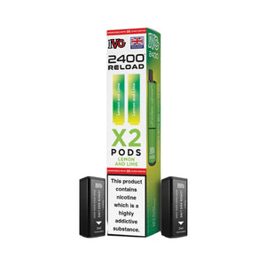 IVG 2400 Reload Lemon and Lime twin pack with 2 IVG 2400 pods displayed alongside green and white packaging featuring Lemon and Lime flavour
