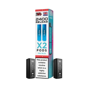 IVG 2400 Reload Pro Blue twin pack with 2 IVG 2400 pods displayed alongside blue and white packaging featuring Pro Blue flavour