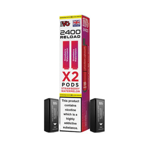 IVG 2400 Reload Strawberry Watermelon twin pack with 2 IVG 2400 pods displayed alongside red and white packaging featuring Strawberry Watermelon flavour
