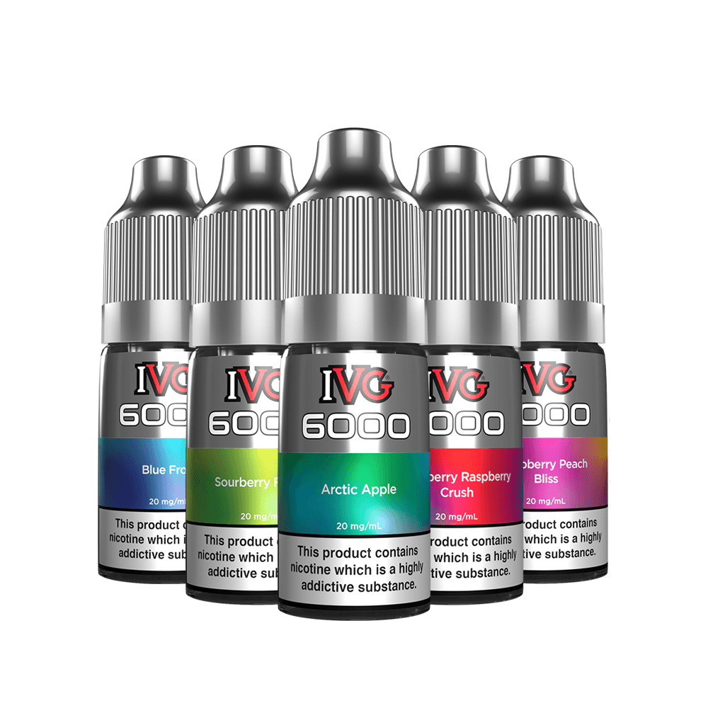 IVG 6000 e-liquid bottles in various flavours, including Arctic Apple and Blue Frost.