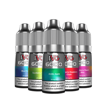 IVG 6000 e-liquid bottles in various flavours, including Arctic Apple and Blue Frost.